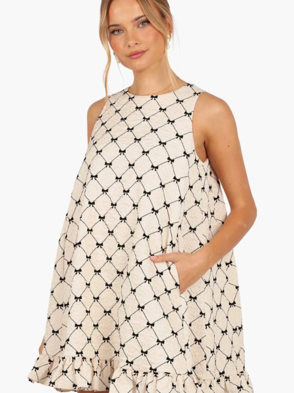 White Bow Sleeveless Ruffle Hem Mini Dress